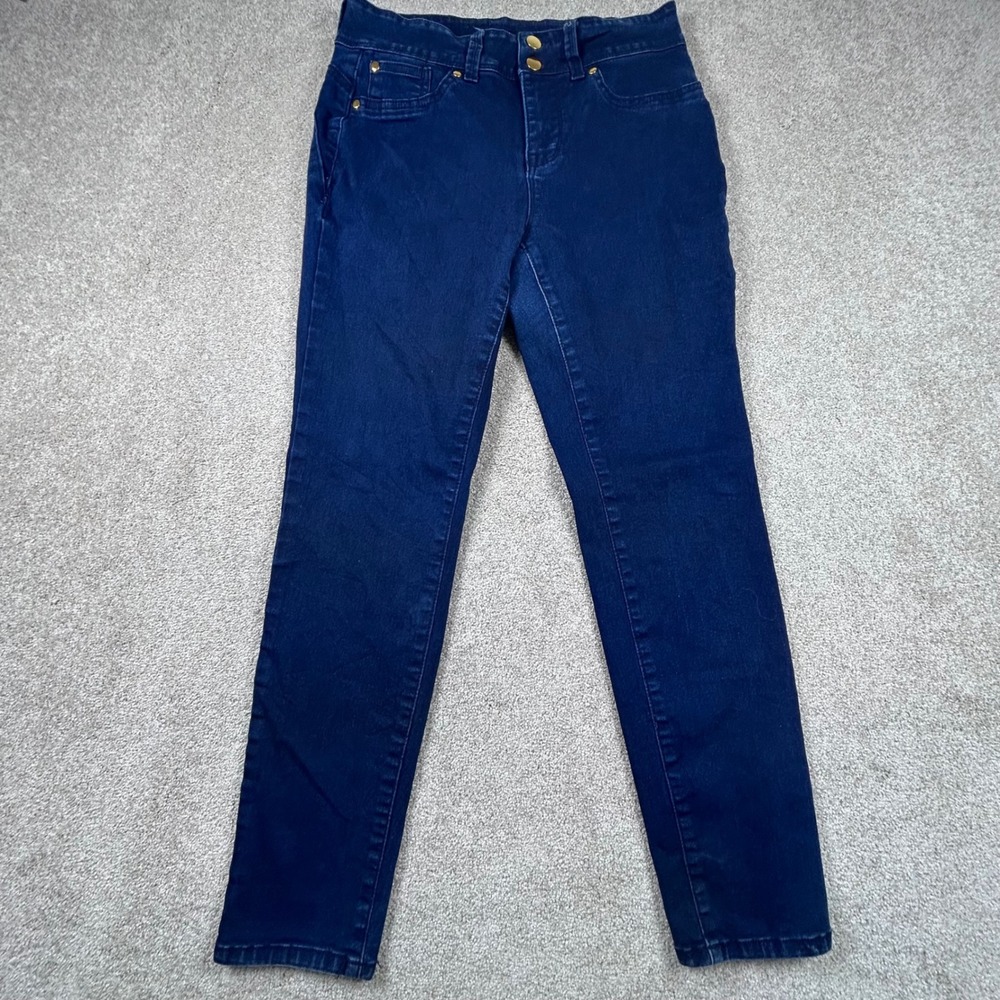 IMAN Global Chic Womens Skinny Jeans Dark Wash Gold Hardware Size 10 Short
